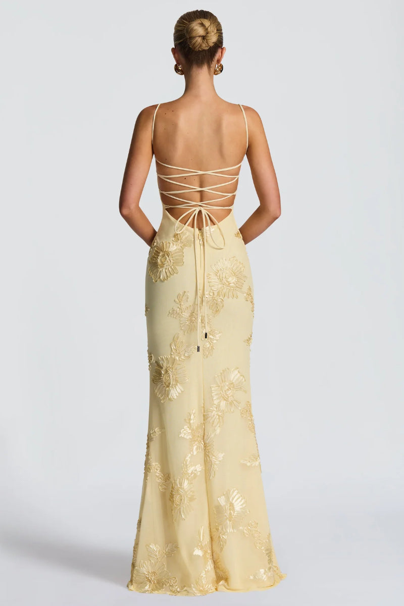 Yellow 3D Floral Mermaid Maxi Dress