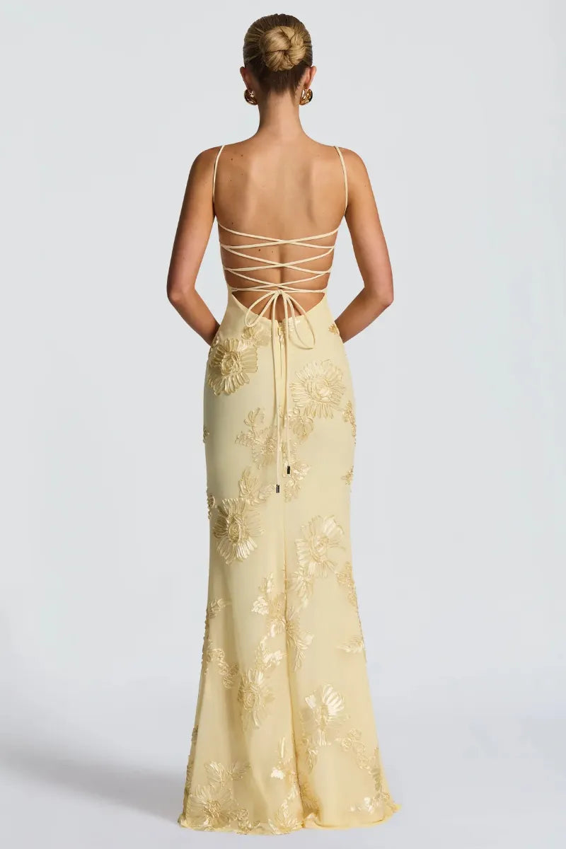 Luminous Golden Floral Embroidered Sweetheart Evening Gown