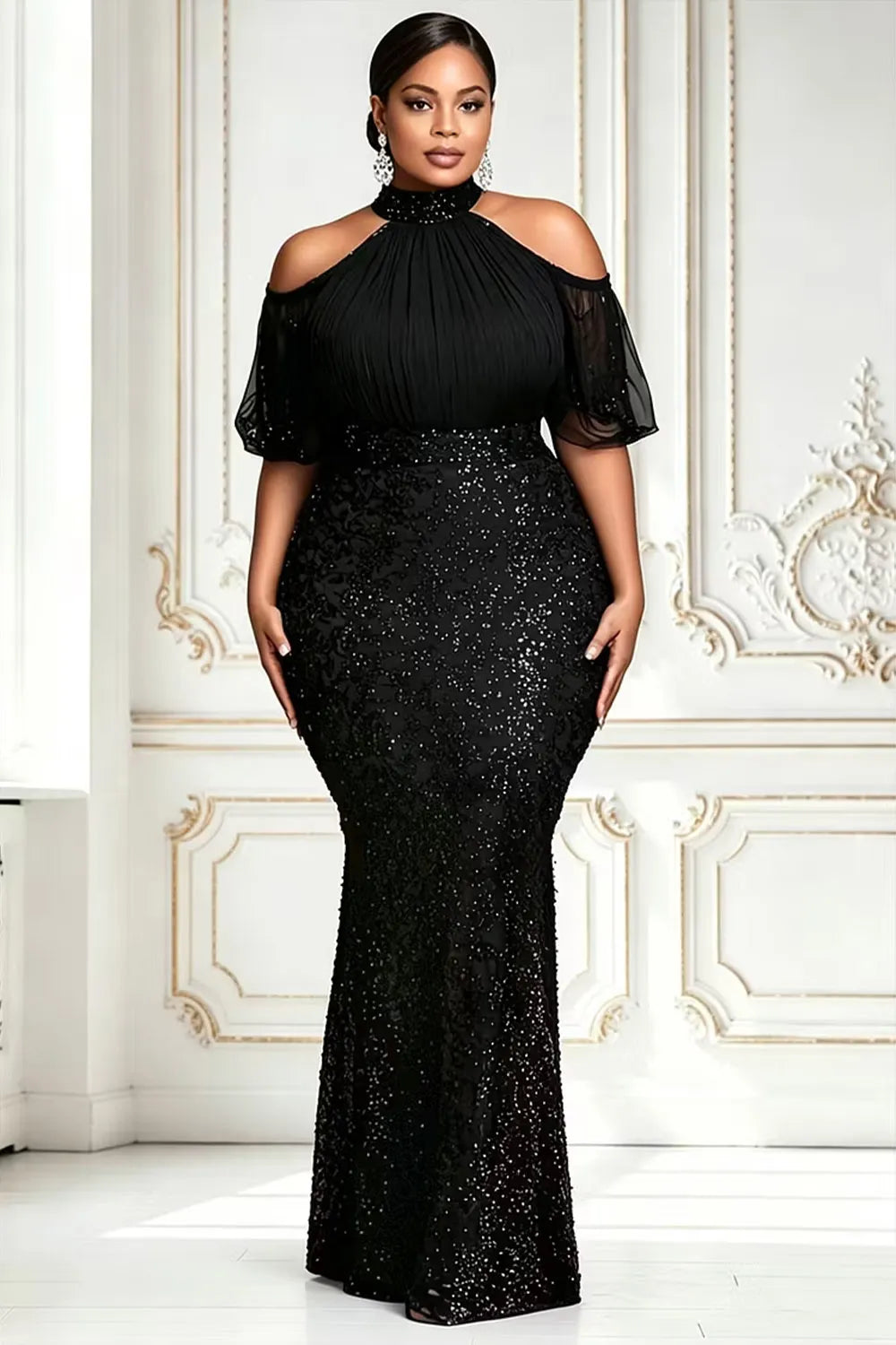 Sequin Black Cold Shoulder Short Sleeve Bodycon Contrast Chiffon Maxi Dresses