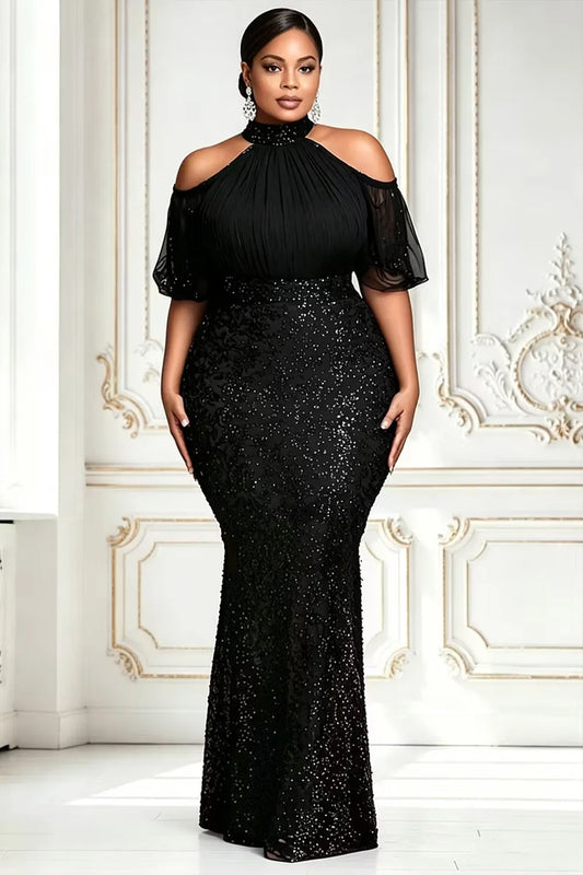 Sequin Black Cold Shoulder Short Sleeve Bodycon Contrast Chiffon Maxi Dresses