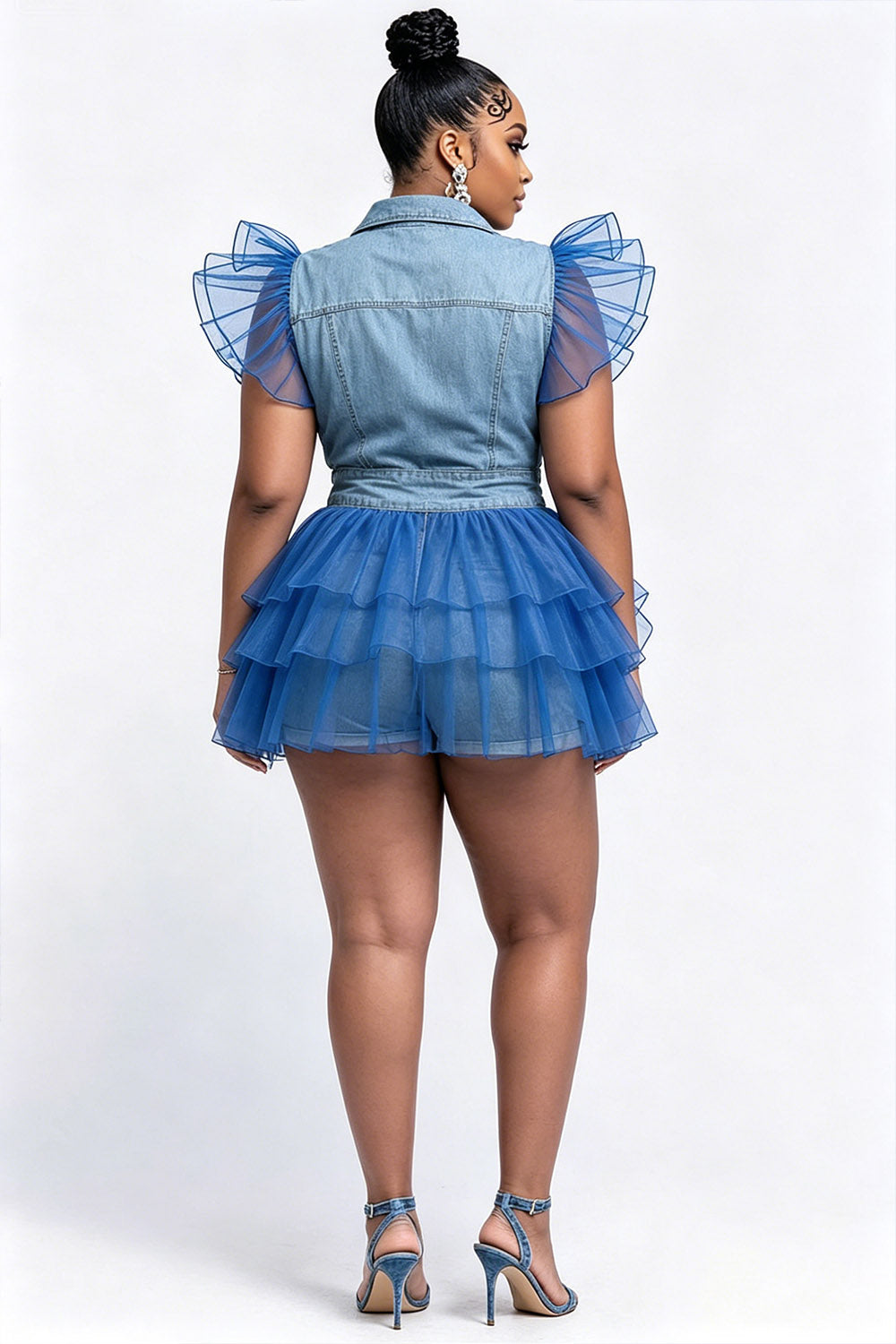 Xpluswear Design Plus Size Party Light Blue Shirt Collar Short Sleeve Contrast Ruffle Denim Rompers