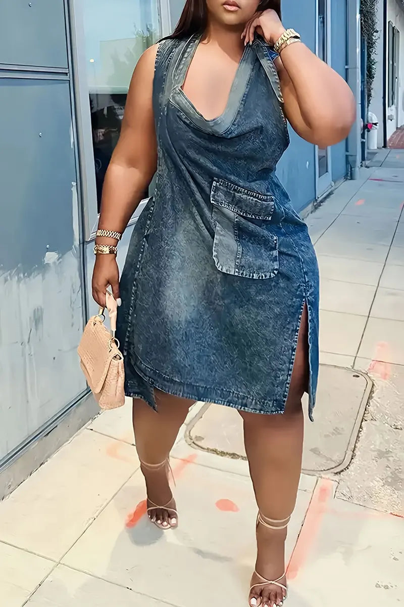 Women Tie Halter Cowl Neck Big Pocket Side Slit Washed Denim Mini Dress