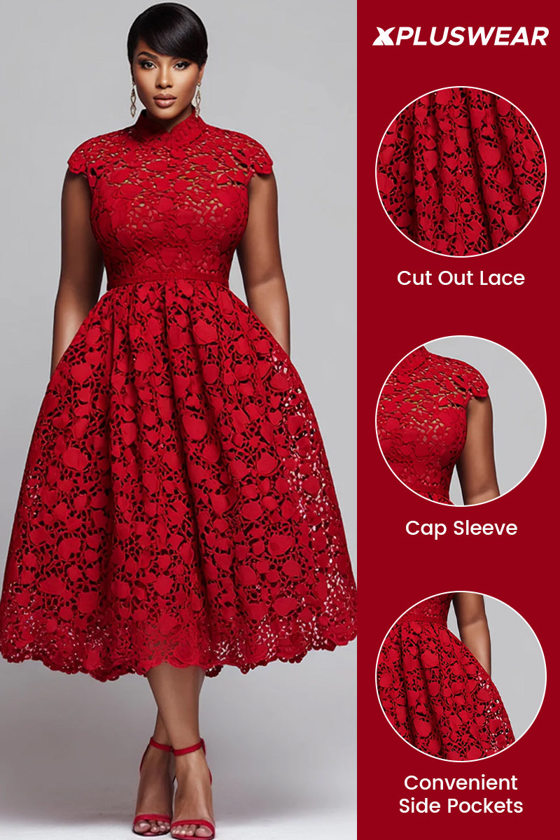 Red Round Neck Pocket Elegant Cut Out Lace Midi Dresses