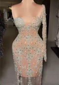 Nude Sheer Mesh One-Shoulder Maxi Evening Gown - Crystal Beaded Formal Dress