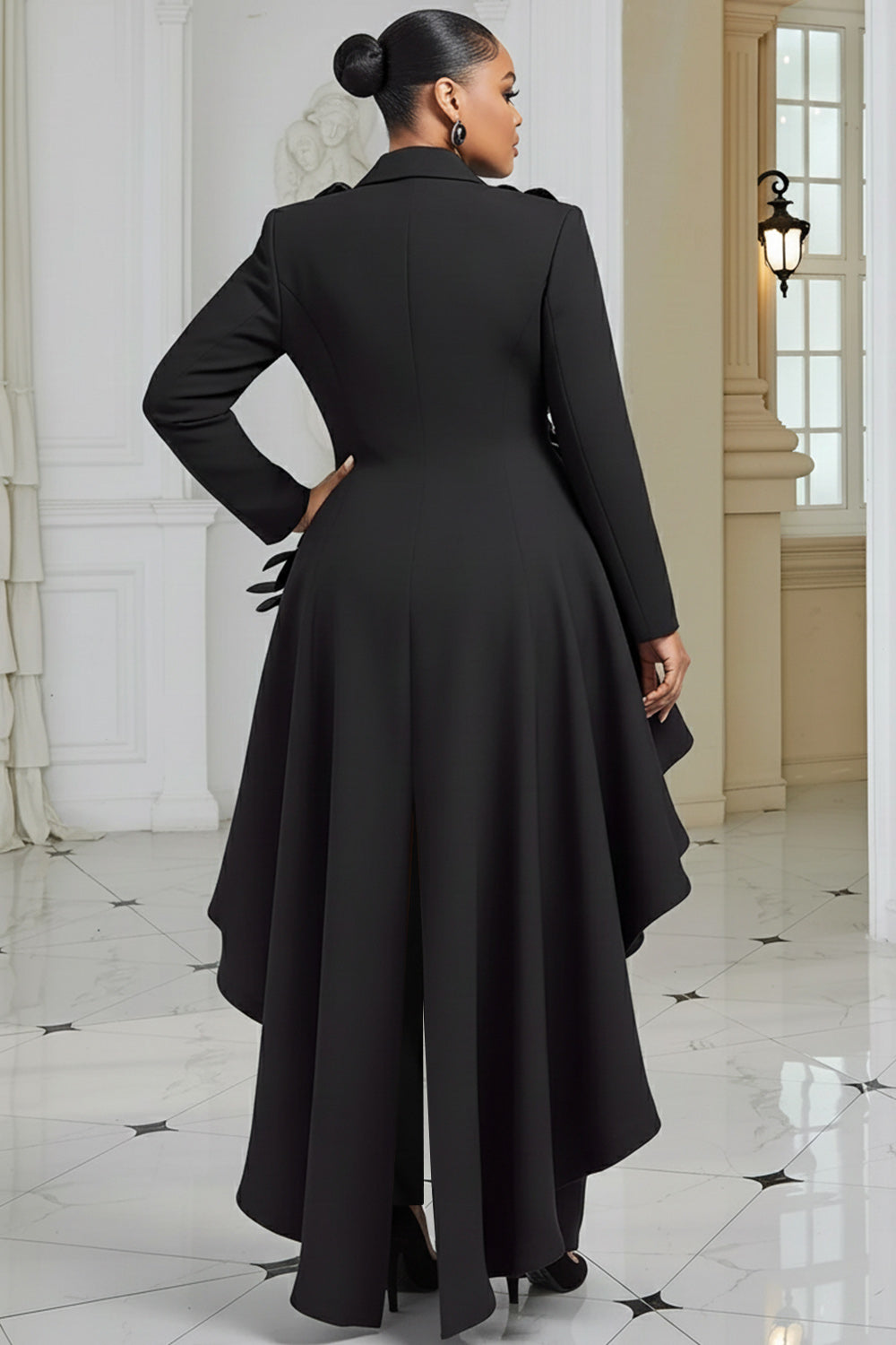 Wedding Guest Black Lapel Collar Long Sleeve Asymmetric Hem Elegant 3D Two Piece Pant Suits