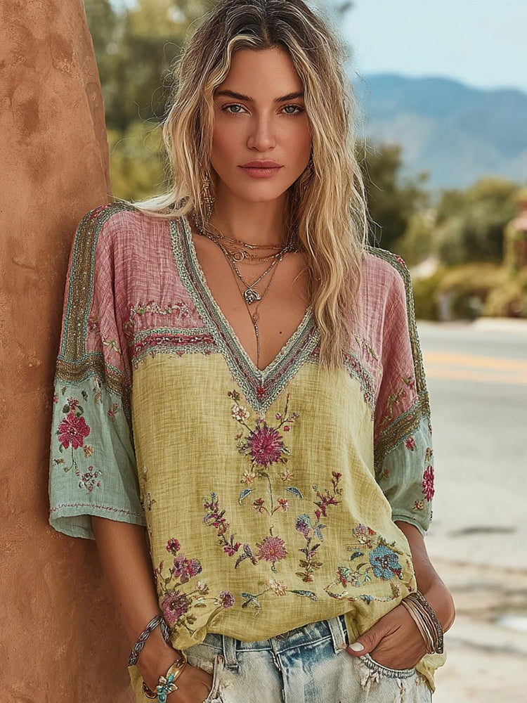 Bohemian Style Flower Embroidery Cotton And Linen Mid-length Sleeves V-neck Tee