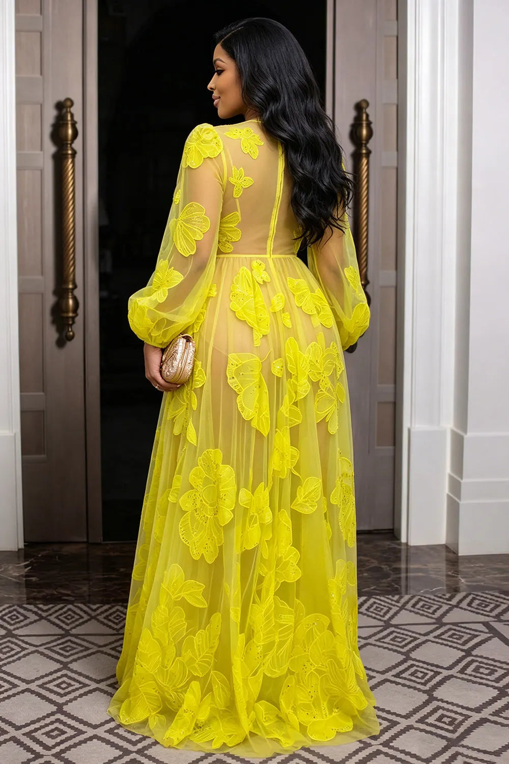 Floral See Through Mesh Long Sleeve Gowns Maxi Dresses-Yellow [Pre Order]