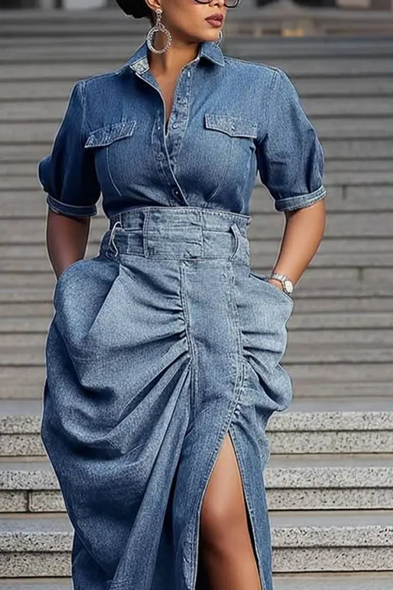 Women's Casual Puff Sleeve Lapel Pocket Basic Denim Blouse Top Or Asymmetric Ruched Front High Cut Slit Floor Length Jean Skirt