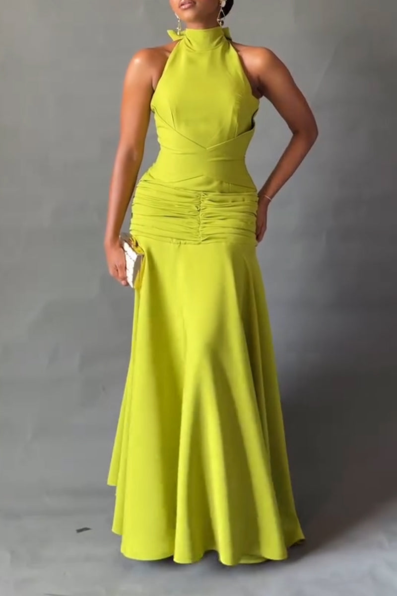Women's Round Neck Sleeveless Waist Cinched Solid Color Elegant Temperament Dress