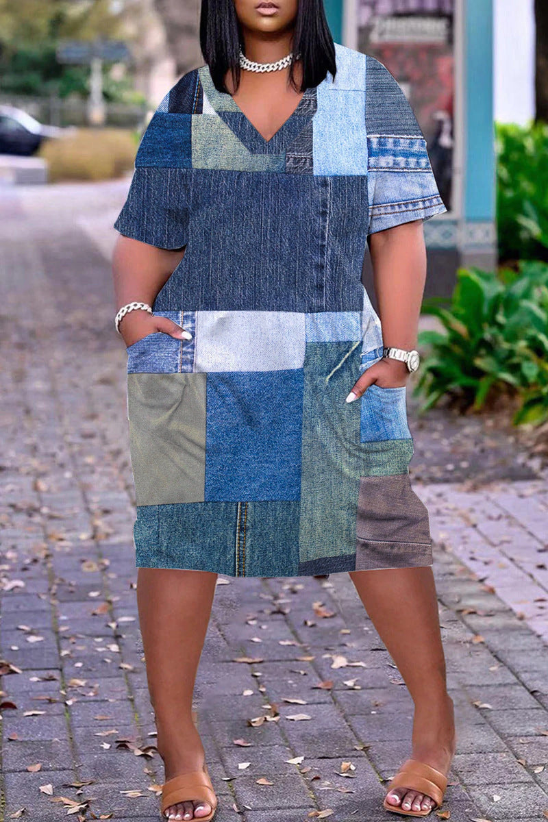 Xpluswear Plus Size Casual V Neck Short Sleeve Print Loose Midi Dress