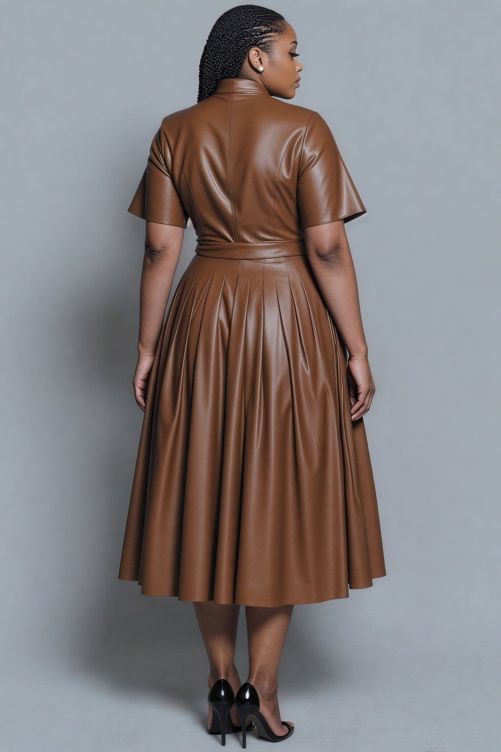 Business Casual Brown V Neck Short Sleeve Pleated Elegant PU Leather Midi Dresses