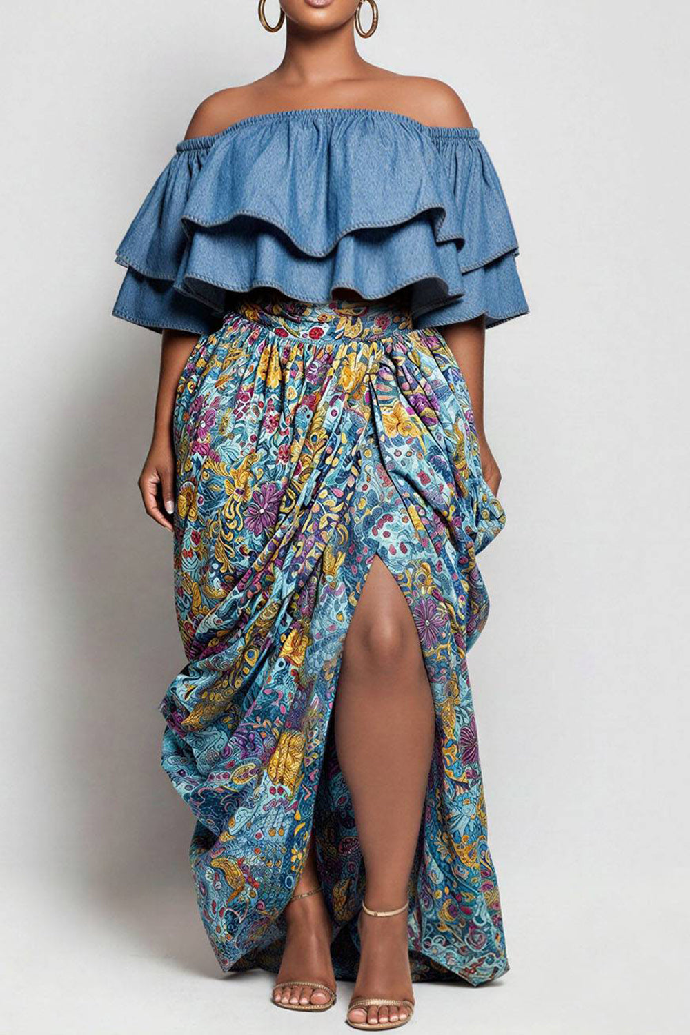 Xpluswear Design Plus Size Vacation Casual Light Blue Graphic Off The Shoulder Short Sleeve Split Ruffle Tencel Denim Two Piece Skirt Sets