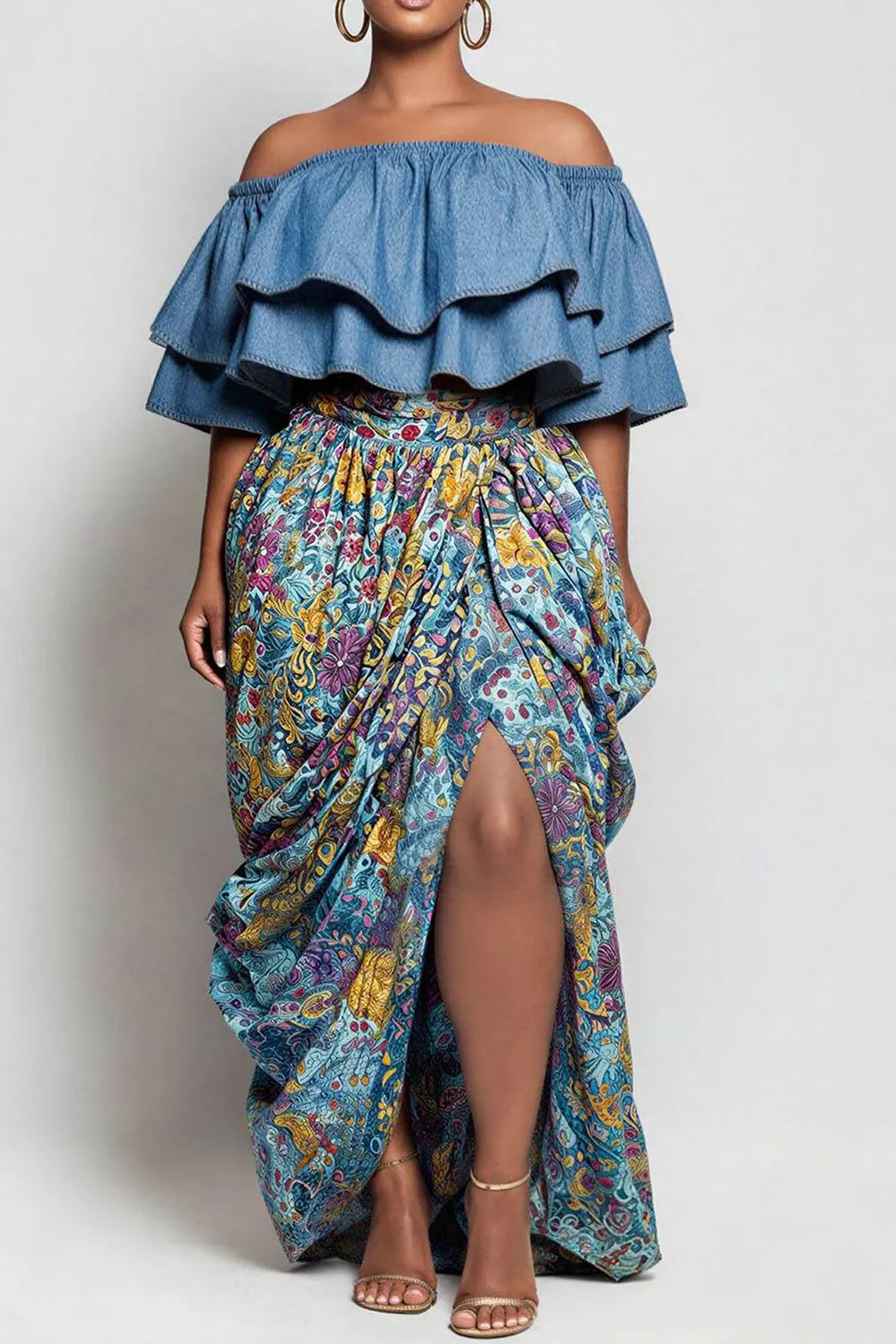 Vacation Casual Light Blue Graphic Off The Shoulder Short Sleeve Split Ruffle Tencel Denim Two Piece Skirt Sets