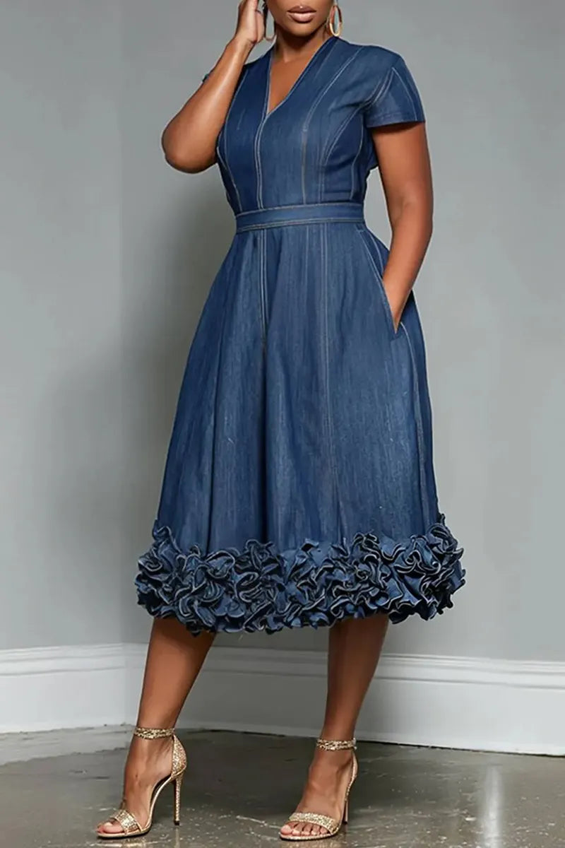 Women's Elegant V Neck Multi Layer Flounce Hem Denim Dress
