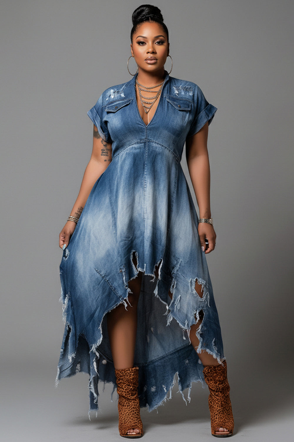 Xpluswear Design Plus Size Party Blue V Neck Short Sleeve Ripped Asymmetric Hem Denim Midi Dresses