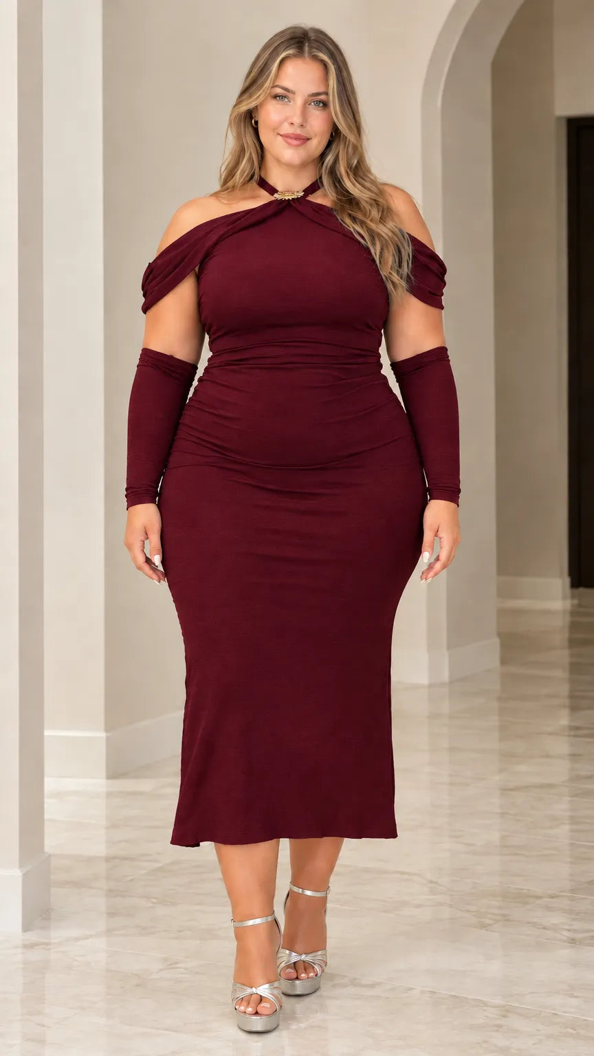 Halter Neck Cold Shoulder Ruched Bodycon Midi Dress with Matching Sleeves