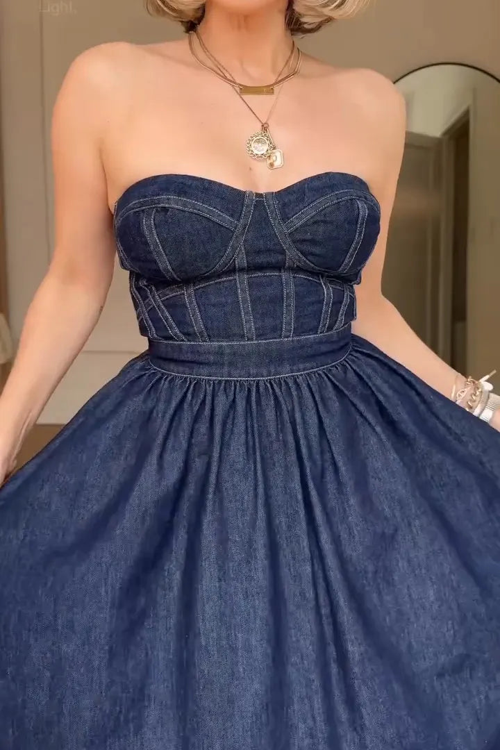Women's Elegant Bustier A Line Hem Denim Dress