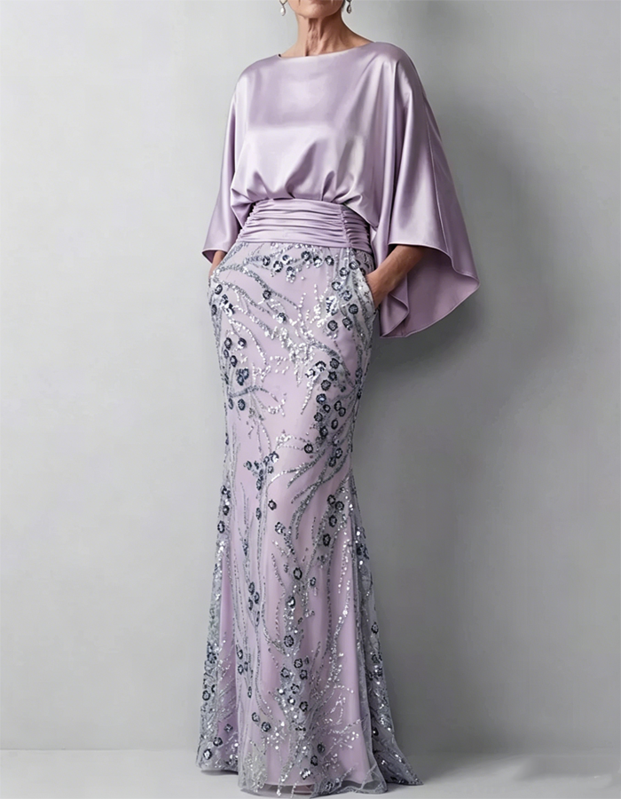 Champagne-colored Satin Cape-sleeved Maxi Dress