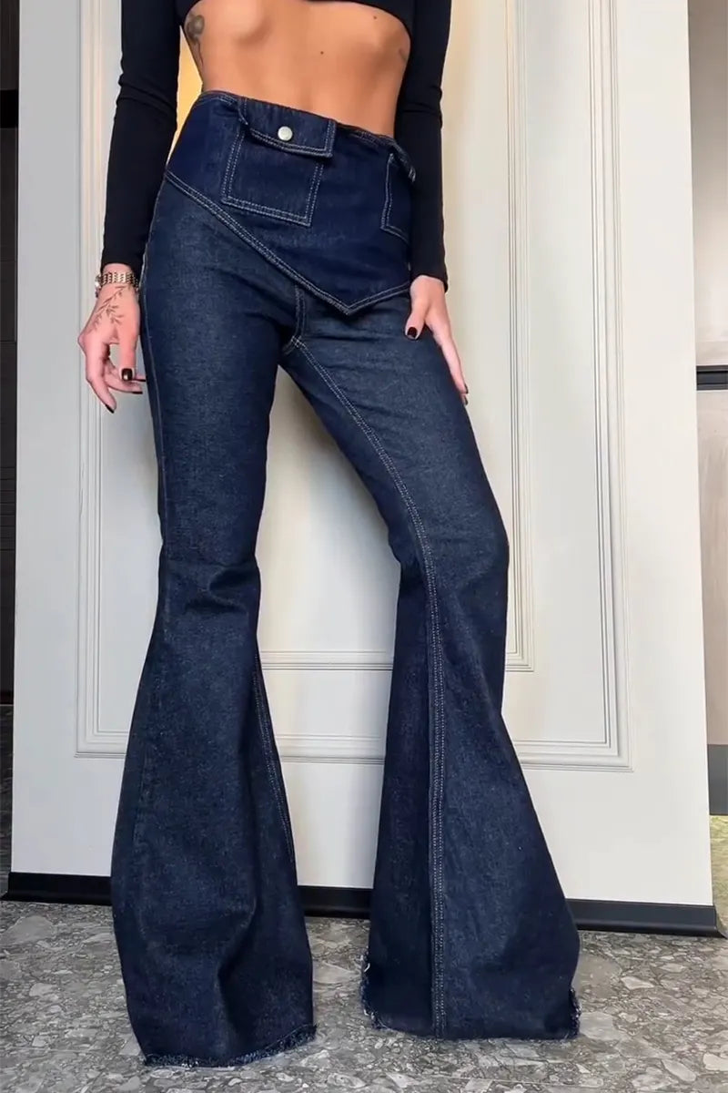 Women's Casual Pocket Removable Belt Flare Jeans
