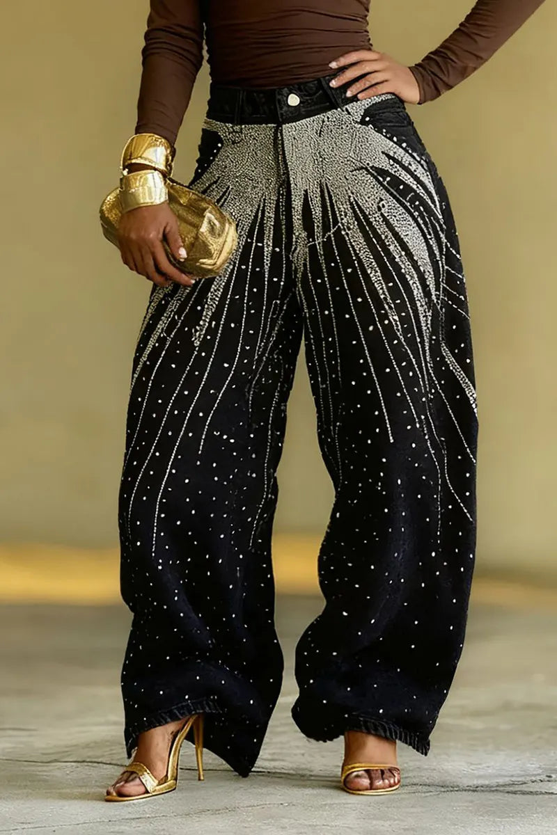 Distressed Crystal Embroidered Denim Jeans For Trendy Women