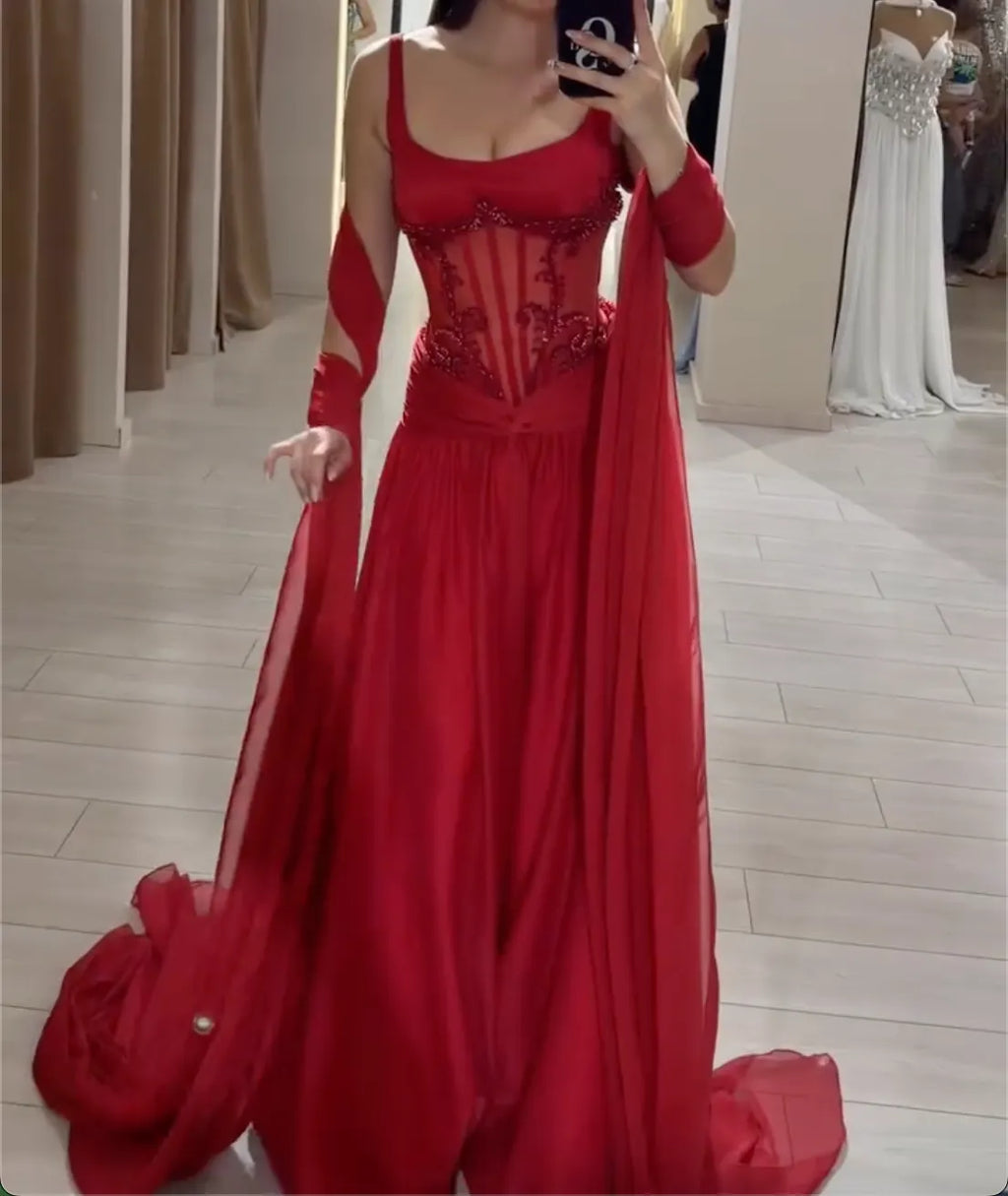 Red Square Neck Evening Maxi Dress - Beaded Floral Corset Formal Gown