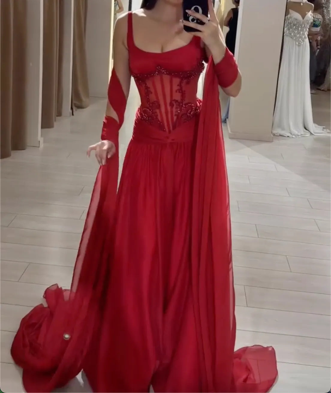 Red Square Neck Evening Maxi Dress - Beaded Floral Corset Formal Gown