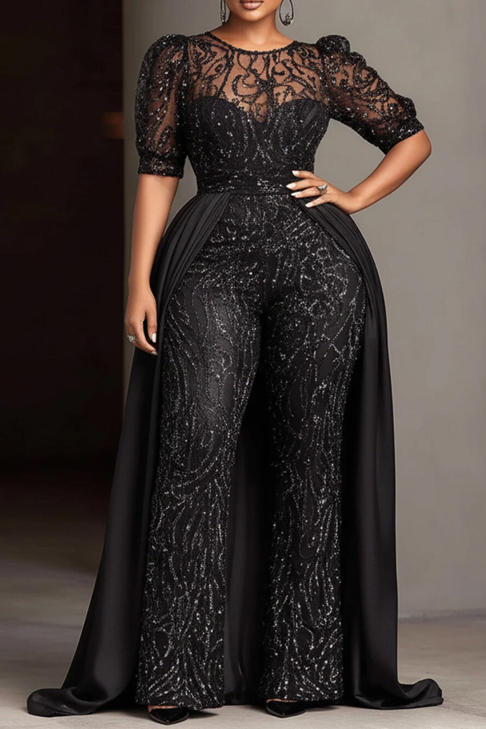 Satin Black Round Neck Short Sleeve With Skirt Overlay Pocket Sequin Jumpsuits
