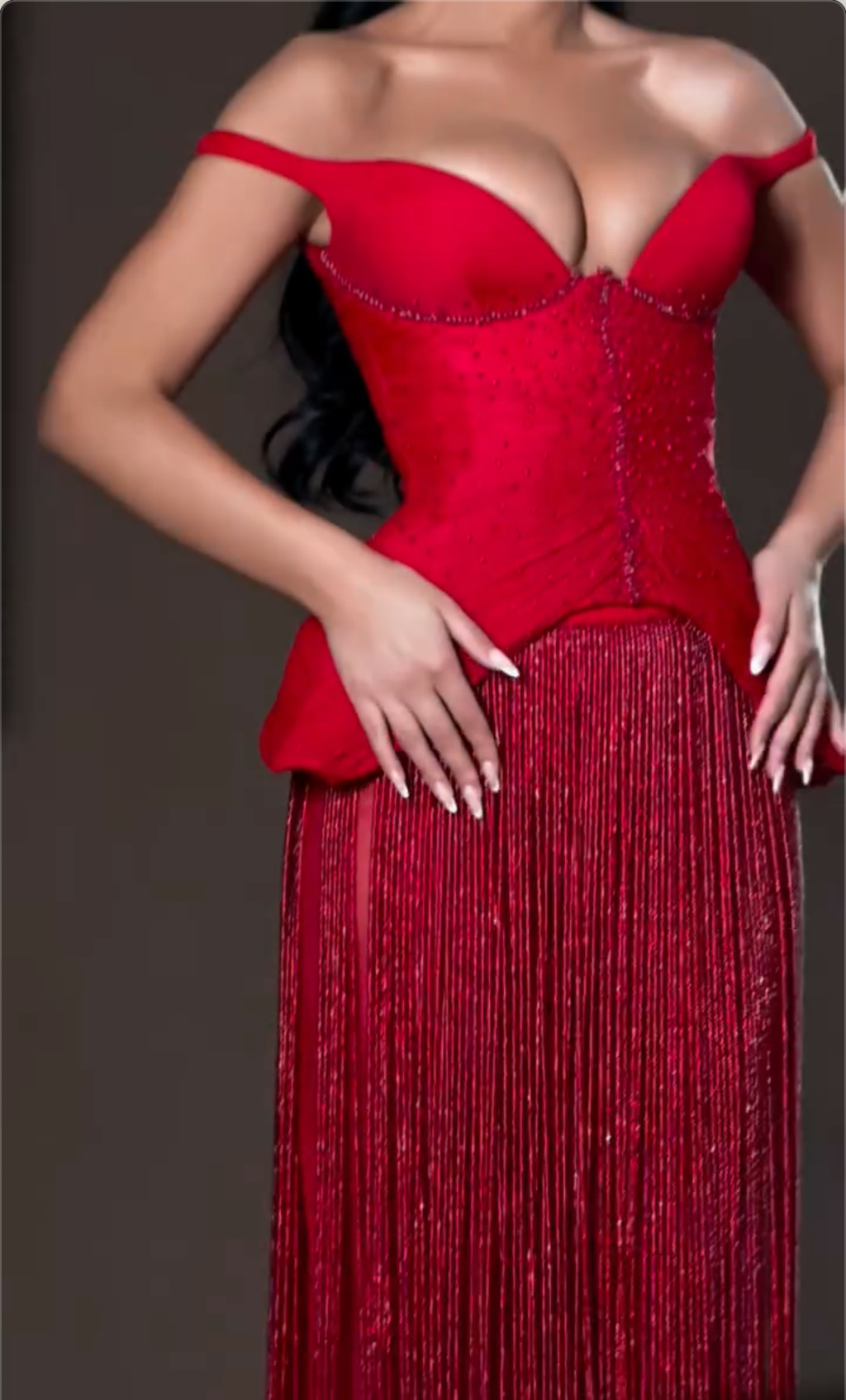 Red Off-the-Shoulder Beaded Sheer Maxi Dress with Fringe Skirt