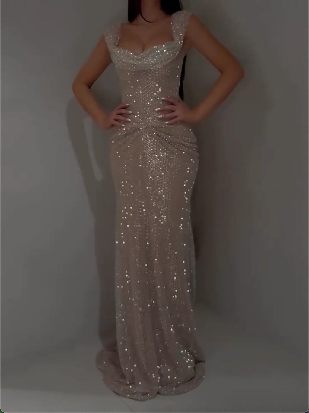 Champagne Sweetheart Neck Mermaid Evening Gown - All-Over Sequin Formal Dress