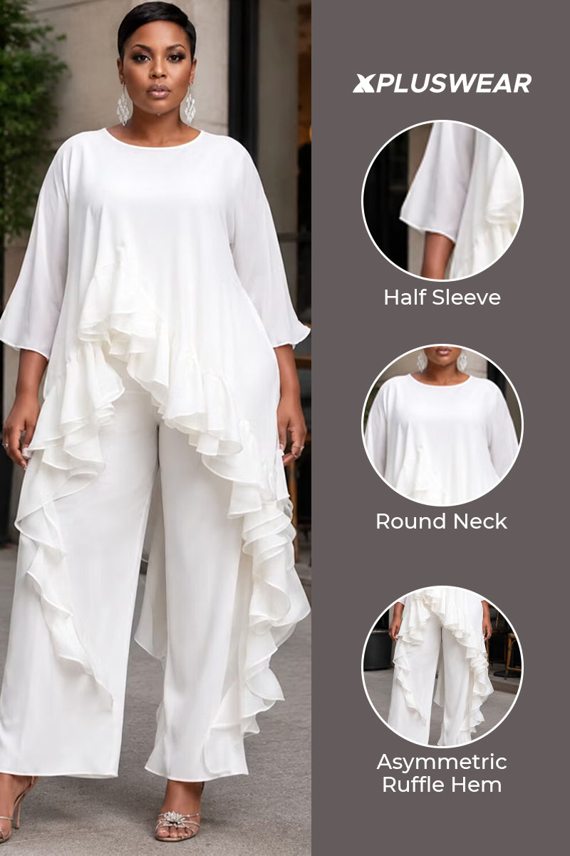 Daily Elegant White Round Neck Half Sleeve Ruffle Asymmetric Hem Two Piece Pant Sets
