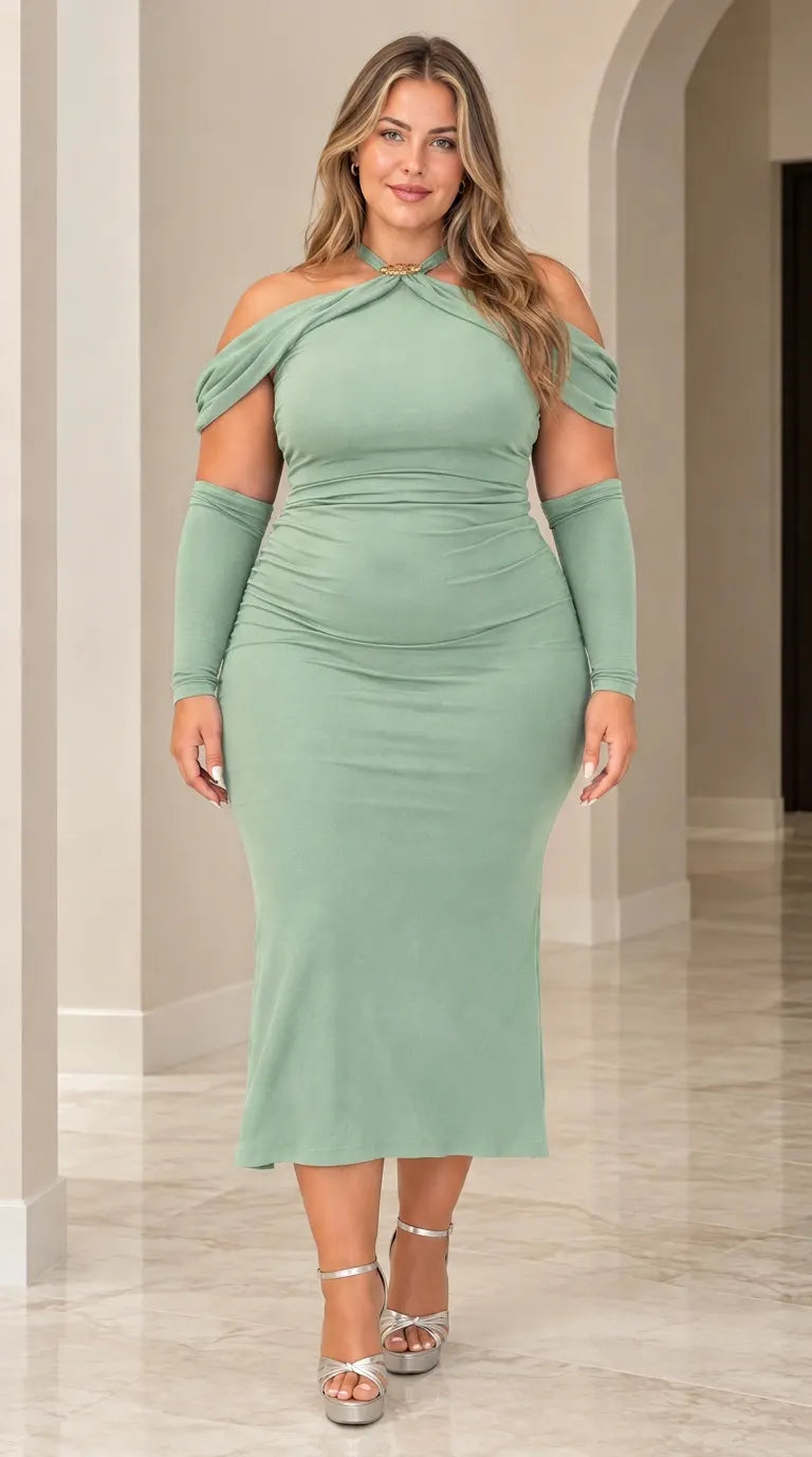 Halter Neck Cold Shoulder Ruched Bodycon Midi Dress with Matching Sleeves