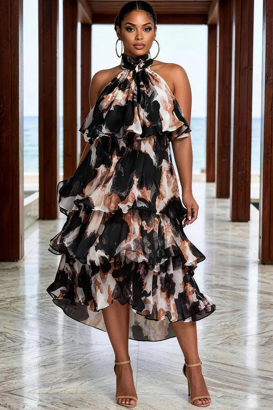 Wedding Guest Black All Over Print Halter Collar Ruffle Chiffon Midi Dresses [Pre-Order]