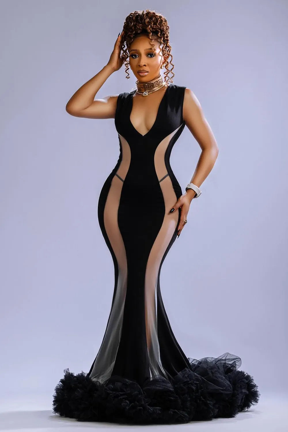 Deep V Neck Mesh Patchwork Ruffle Fluffy Hem Maxi Dresses-Black [Pre Order]