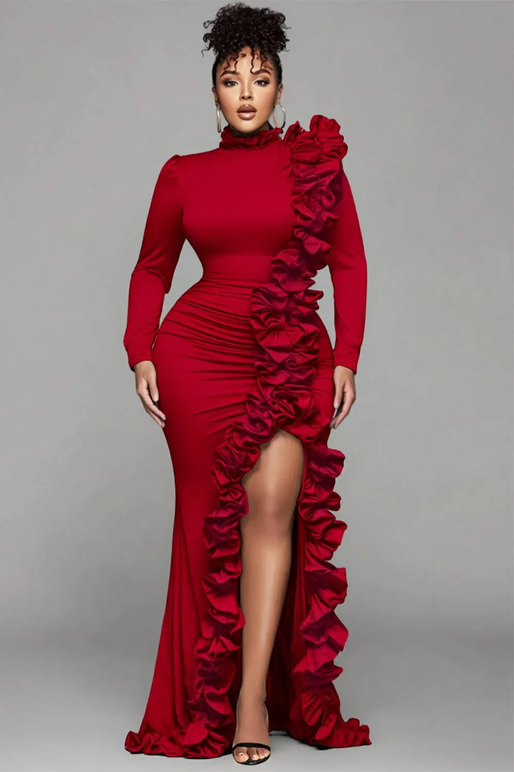 Black Round Neck Long Sleeve Split Elegant Ruffle 3D Satin Maxi Dresses