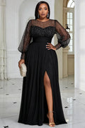 Black Round Neck Long Sleeve Split Elegant See Through Sequin Chiffon Maxi Dresses