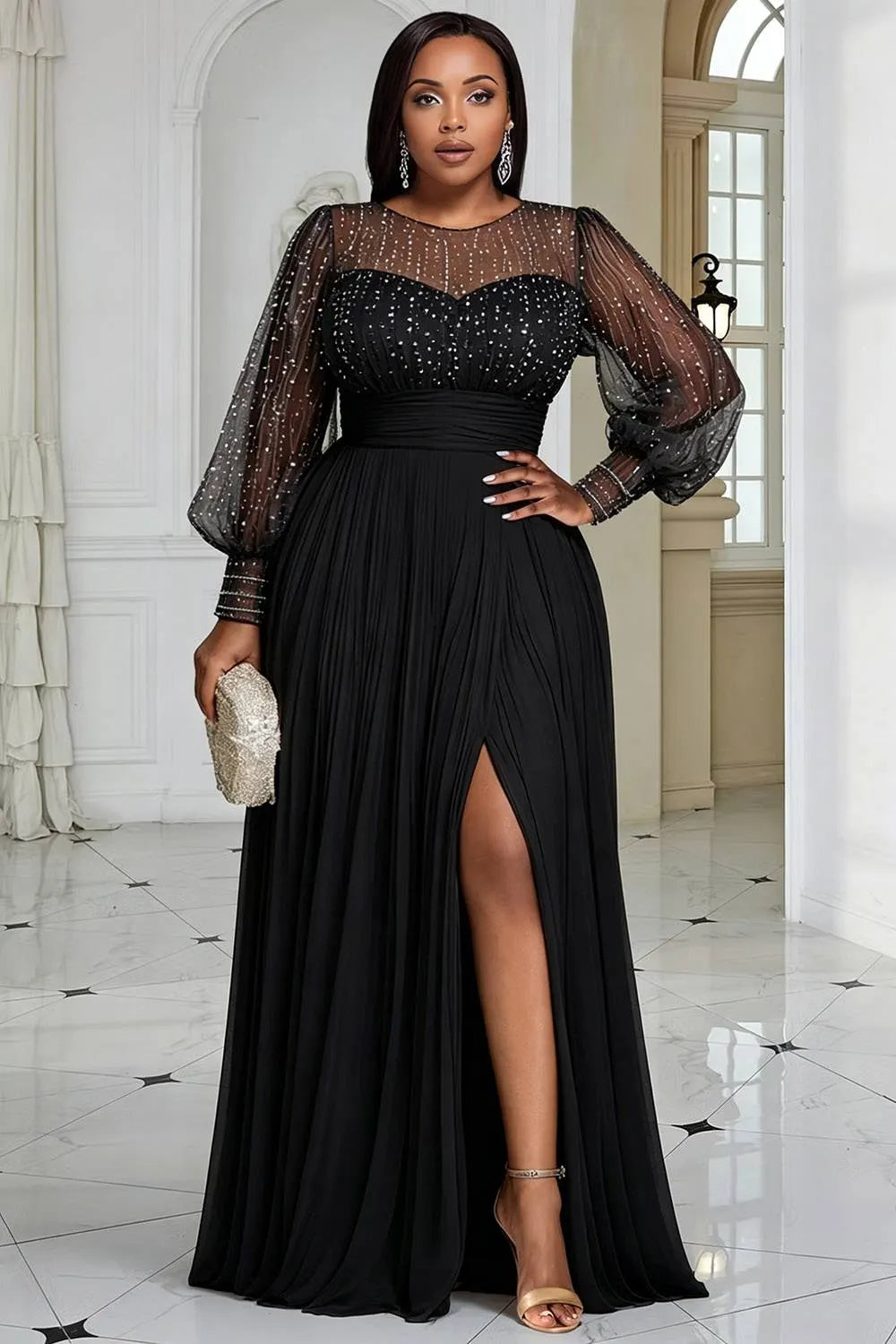 Black Round Neck Long Sleeve Split Elegant See Through Sequin Chiffon Maxi Dresses