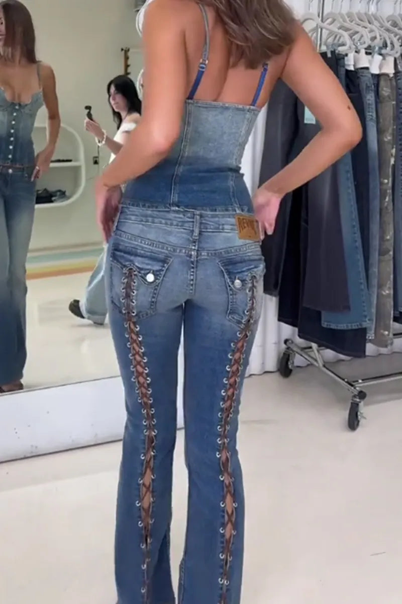 Women's Street Style Cropped Denim Cami Top or  Lace up Flared Jeans