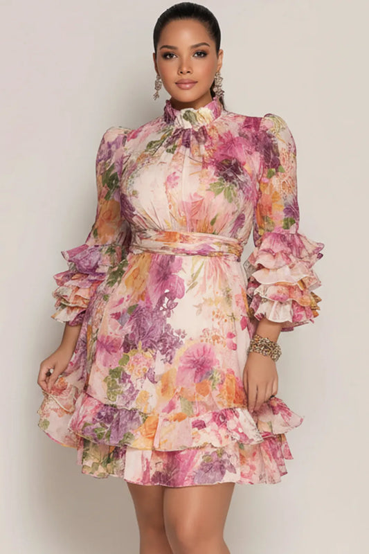 Wedding Guest Pink Floral Mock Neck 3/4 Sleeve Ruffle Chiffon Mini Dresses