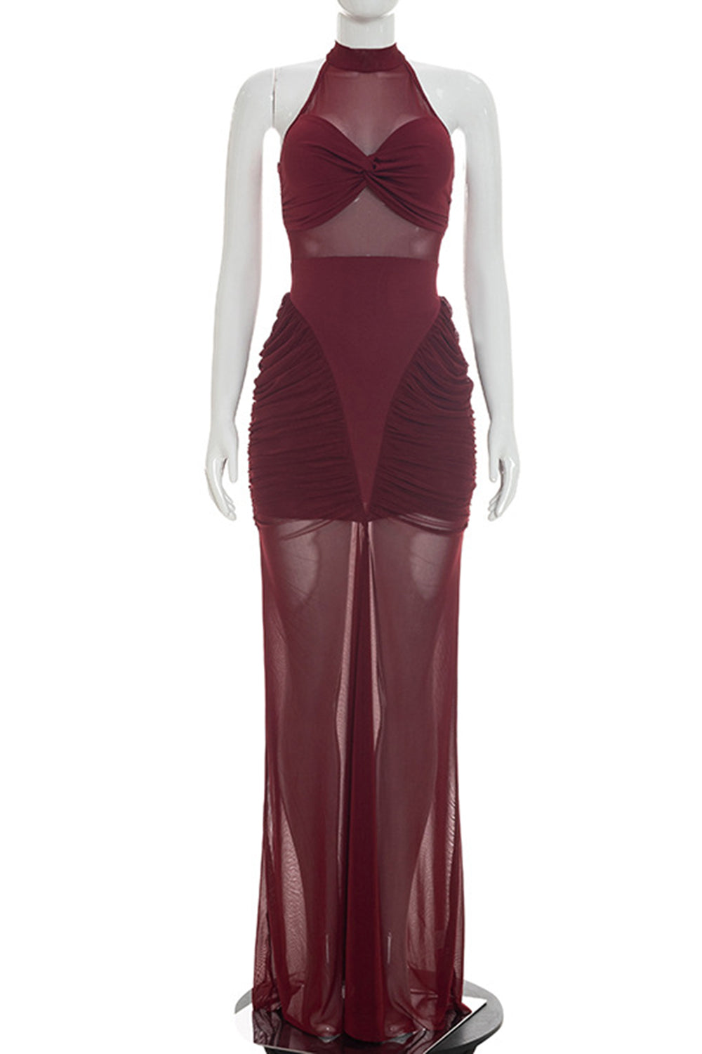 See Through Mesh Sleeveless Side Ruched Solid Color Maxi Dresses-Burgundy