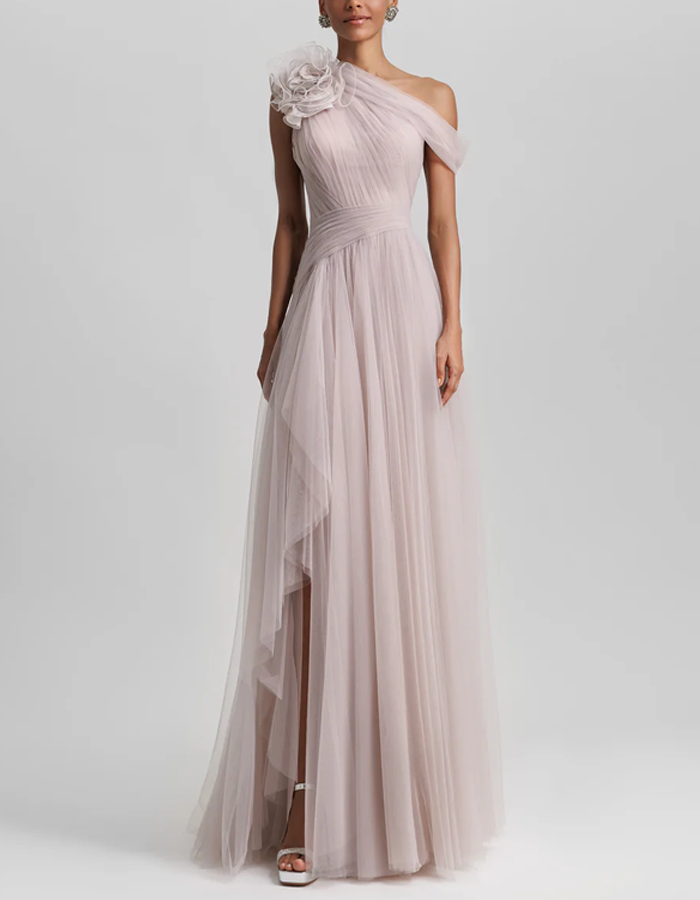 One-Shoulder Ruffled High-Slit Maxi Dress