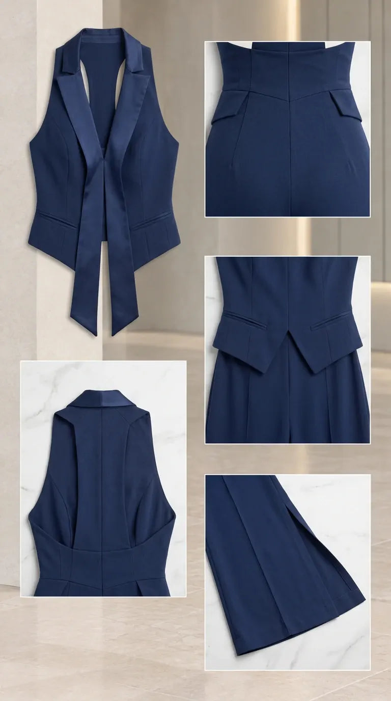 Sleeveless Satin Lapel Vest and Slit Flare Pants Two-Piece Set