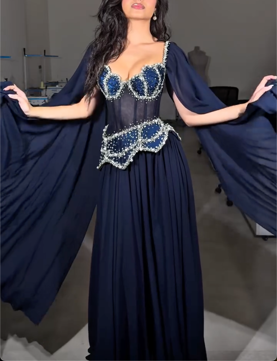Navy Blue Off-the-Shoulder Maxi Dress with Crystal Beading & Cape Sleeves