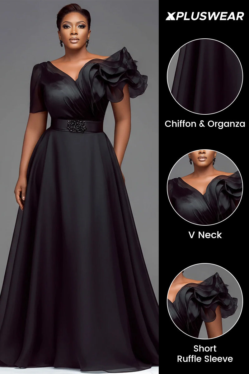 Organza Black V Neck Short Sleeve Ruffle Chiffon Maxi Dresses