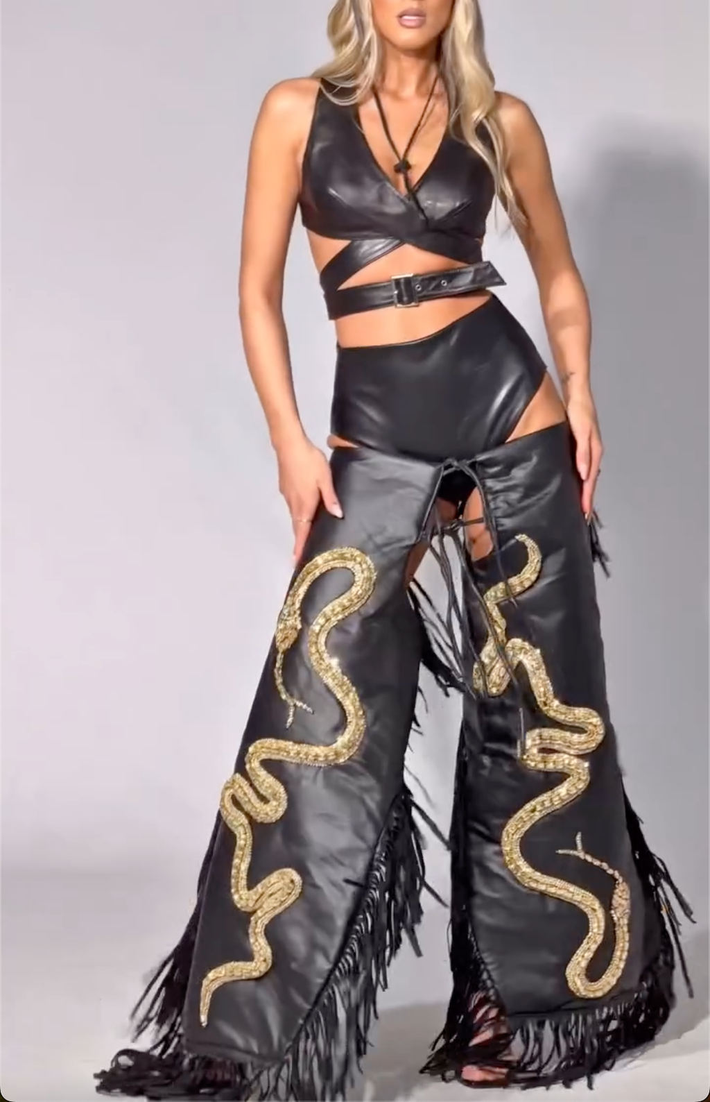 Black Faux Leather Gold Snake Embroidery Fringe Chaps Set with Cutout Crop Top