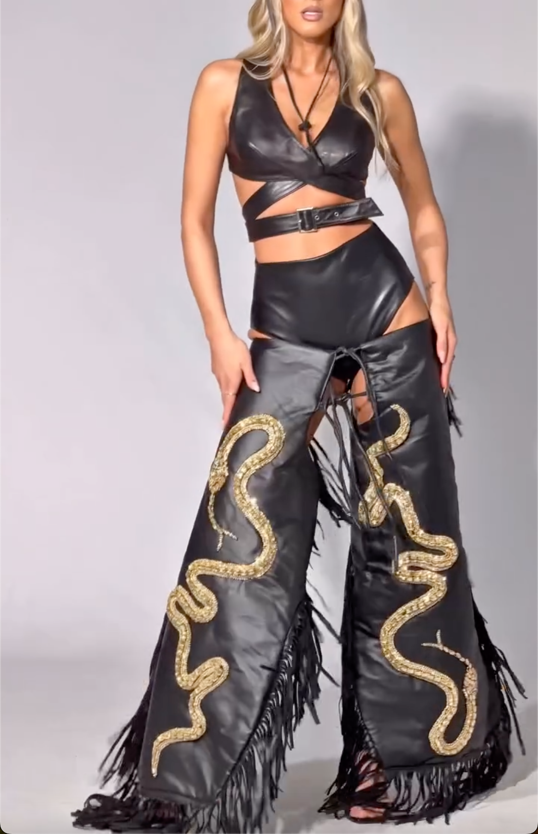 Black Faux Leather Gold Snake Embroidery Fringe Chaps Set with Cutout Crop Top