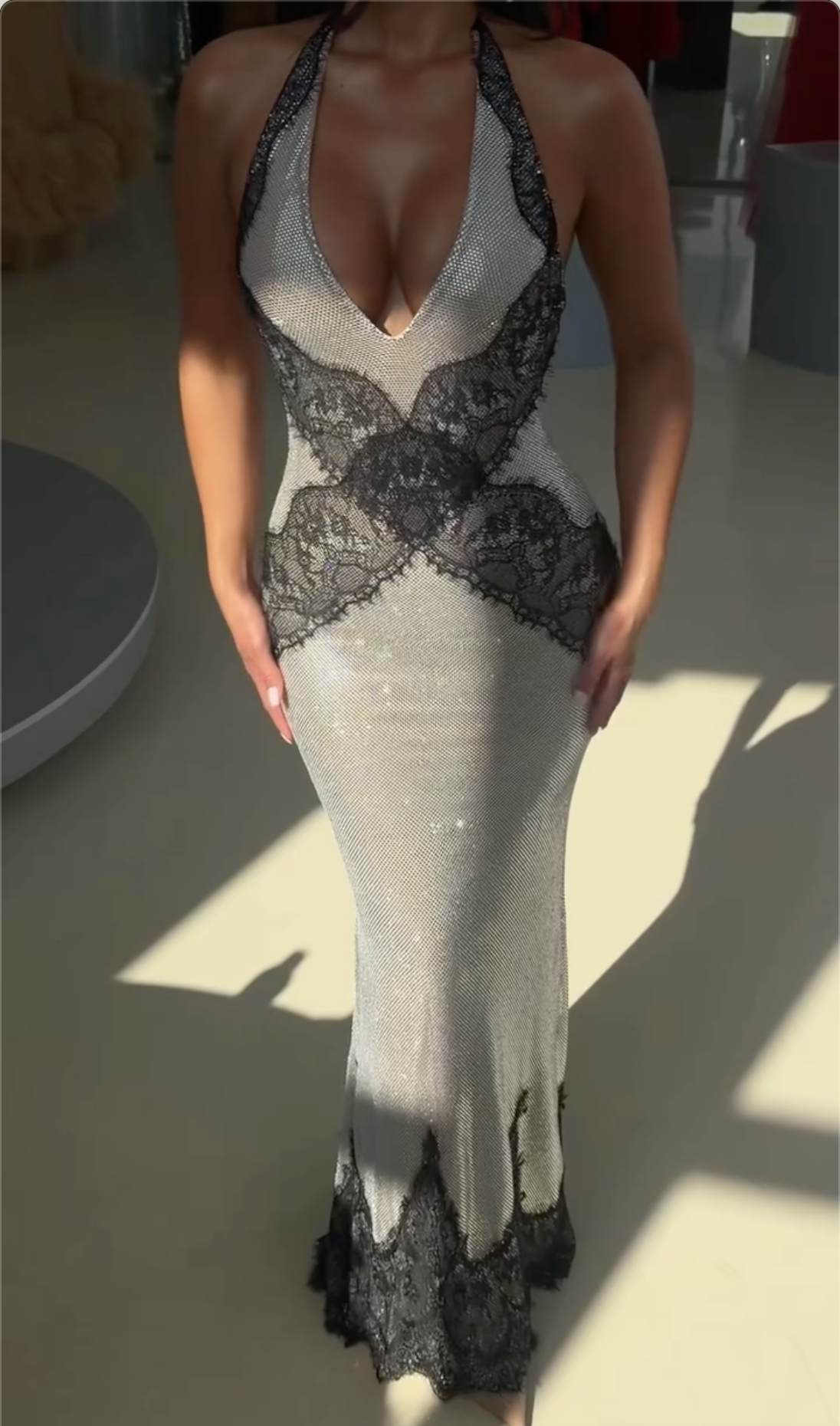 Silver Rhinestone Mesh Halter Maxi Dress with Black Lace