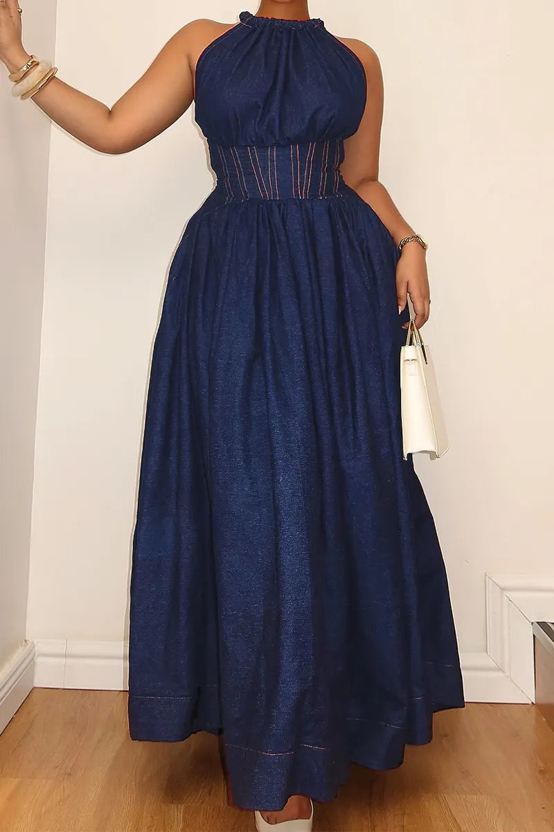 Women‘s Elegant Waist-Defined Denim Dress