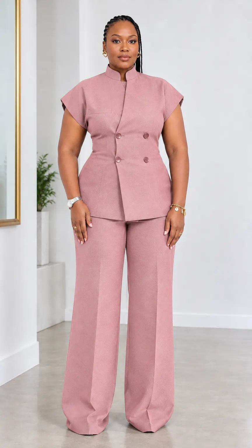 Women's Stand Collar Short Sleeve Double-Breasted Top and Wide-Leg Pants Two-Piece Suit Set