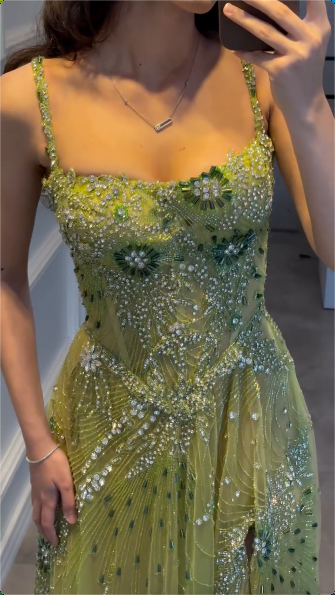 Multi-Color Floral Crystal Beaded Spaghetti Strap High Split Tulle Maxi Evening Dress, Formal Prom Pageant Gown