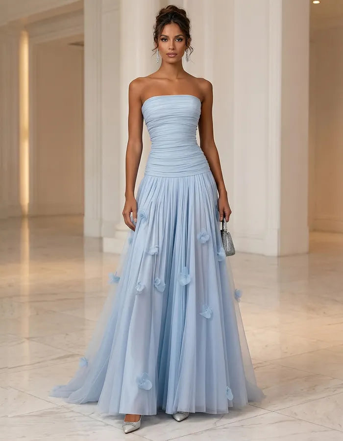 Solid Color Strapless 3D Floral Tulle Maxi Dress